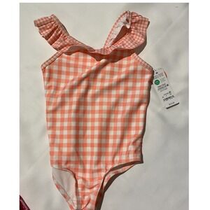 Cat & Jack Girls Gingham Ruffle One Piece Swimsuit Orange White 4T NWT